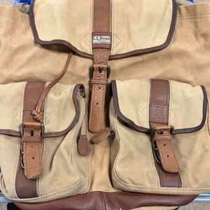 L.L. Bean Tan Canvas Backpack with Brown Leather Trim
